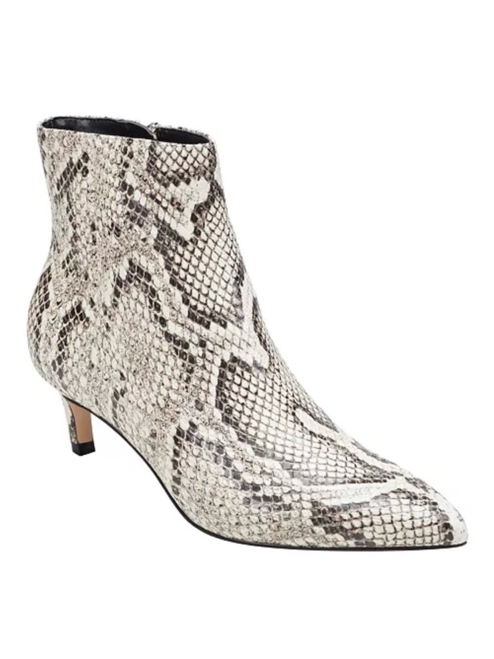 Marc Fisher Snake-Print Pointed Toe Kitten Heel Ankle Boot - White/Black